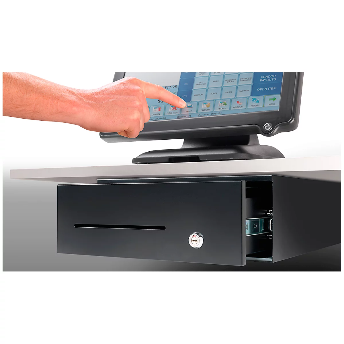 A hand touching a screen. Below an open black cash register.