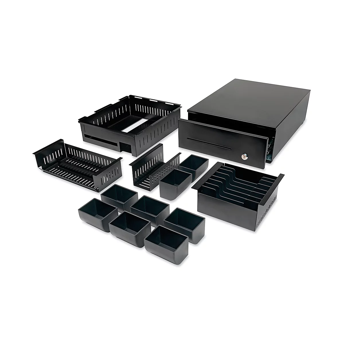 Black cash register with drawer and various insert boxes, on a light background.