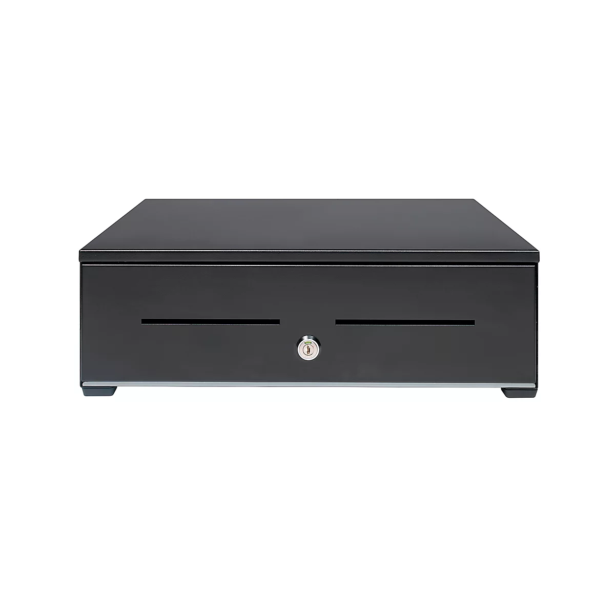Black cash register with two slot openings and a keyhole. Feet on the bottom.