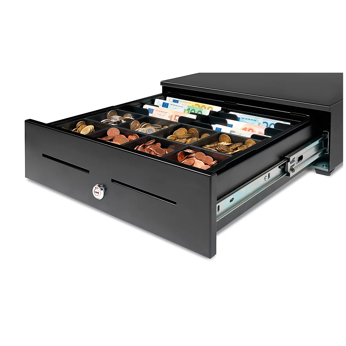 Opened black cash register drawer with coins, bills, and a lock.