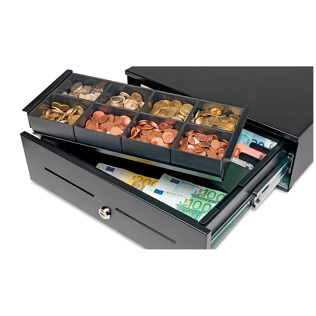 Opened cash register with coins and banknotes. The drawers are filled with different coin denominations and Euro banknotes.