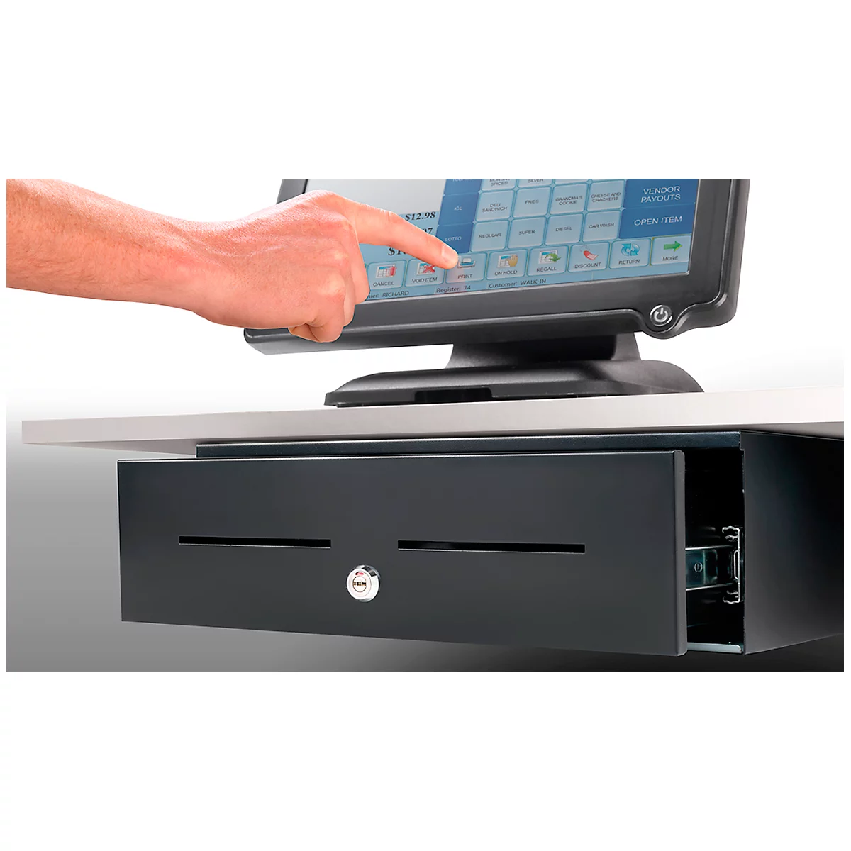 A hand touches a touchscreen, below which is a cash drawer. Buttons and menus are visible on the screen.