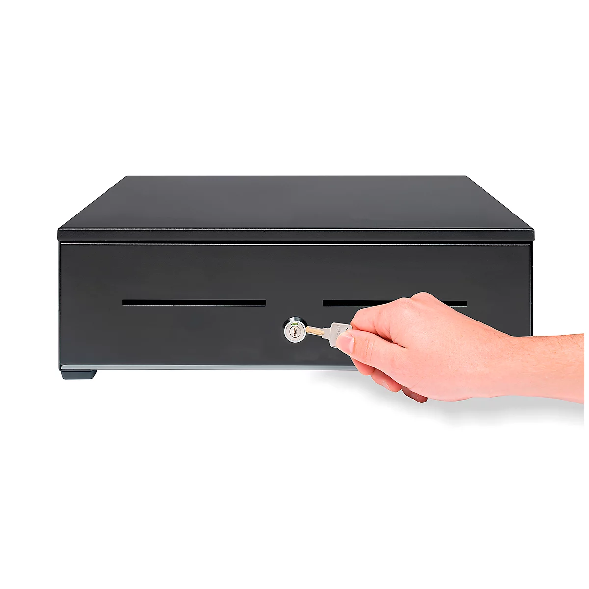 Black cash register drawer with a key in hand, against a white background.