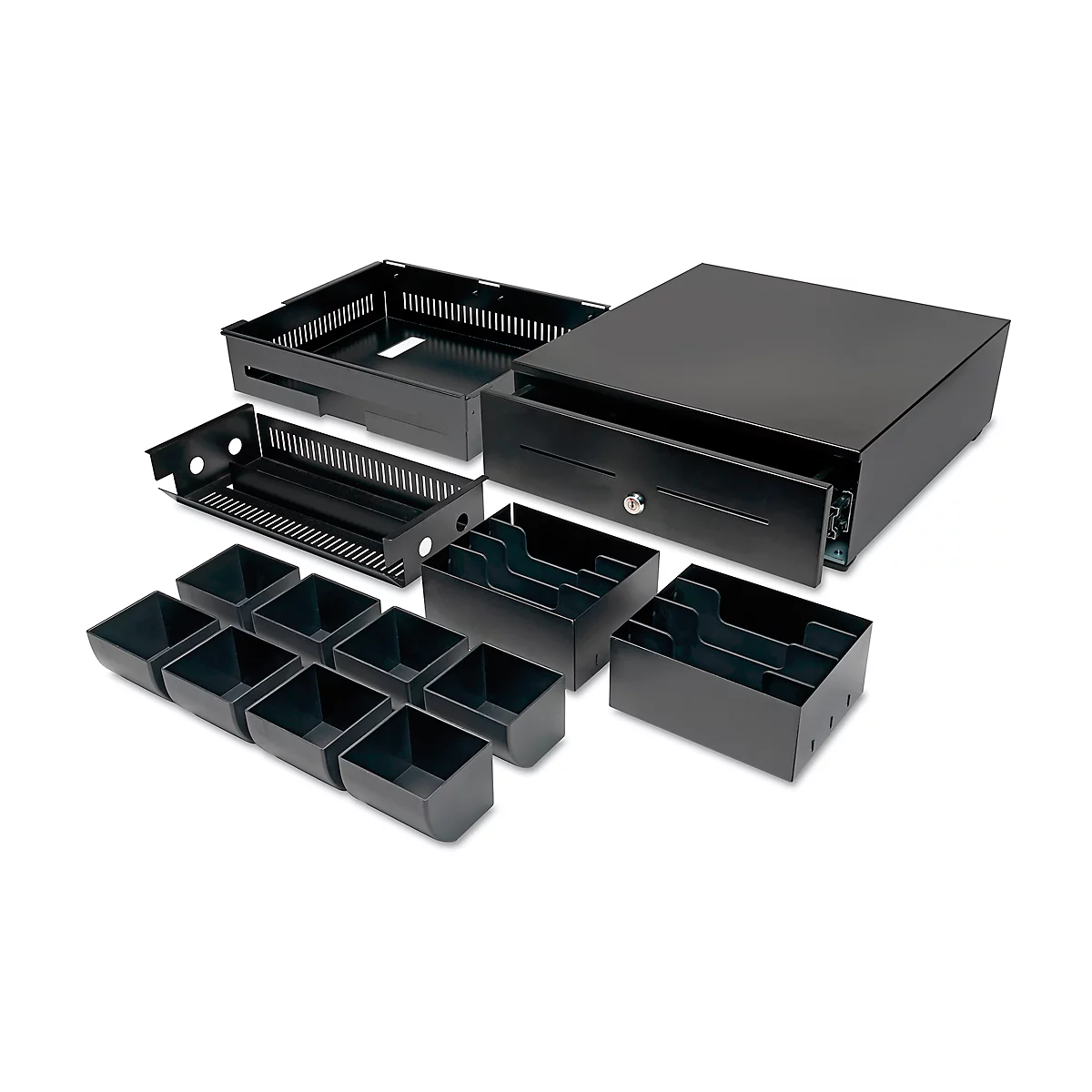 Black cash register with drawers and small compartments removed. Some parts are taken out.