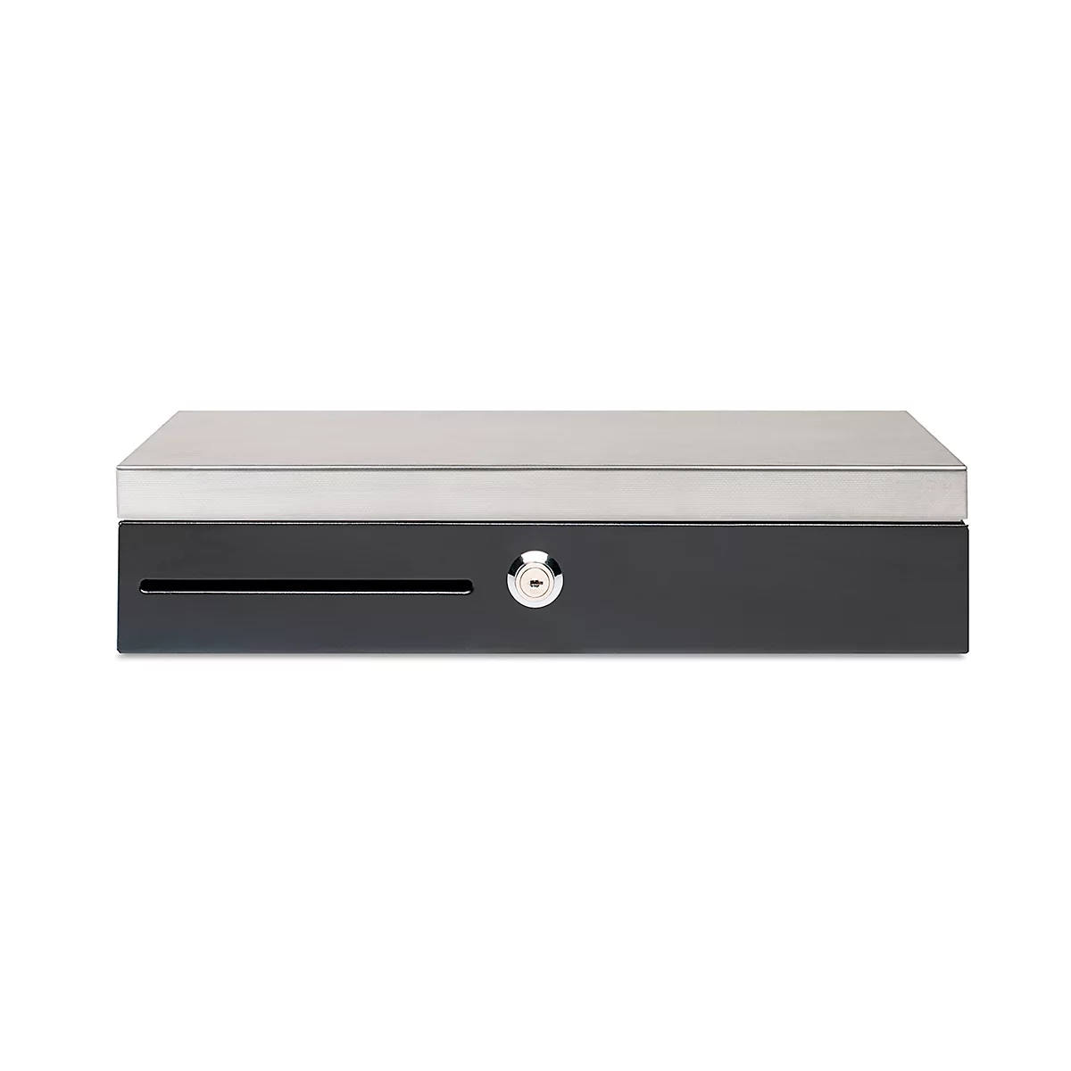 Black cash register with silver top. A key is in the lock.