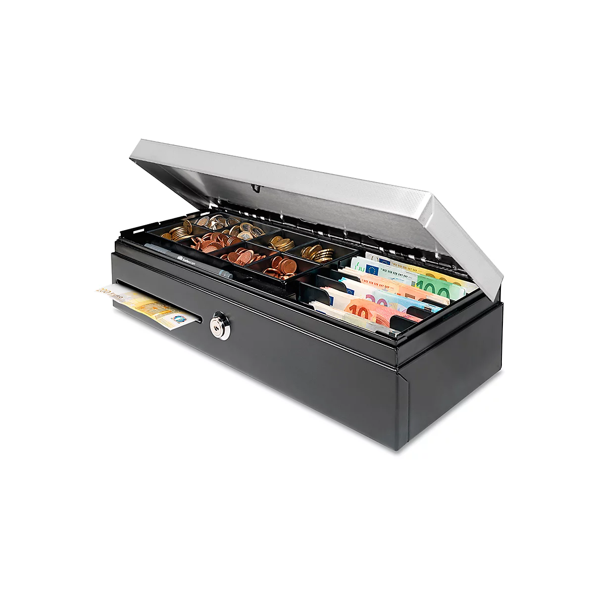 Open black cash register with coins and banknotes. A bill protrudes from the compartment.