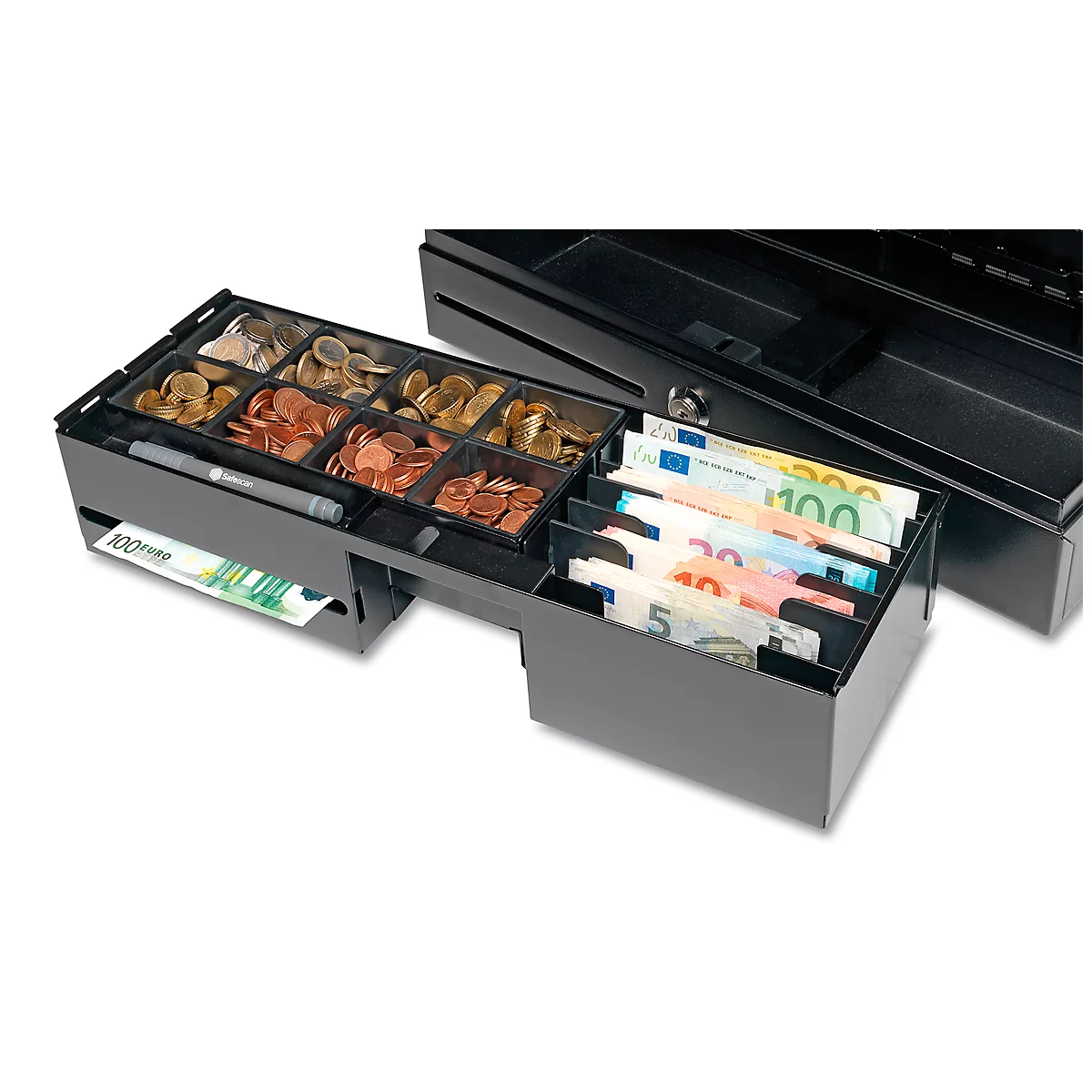 Open cash register with coins and banknotes. Black cash drawer with coin compartments, banknotes and pen.