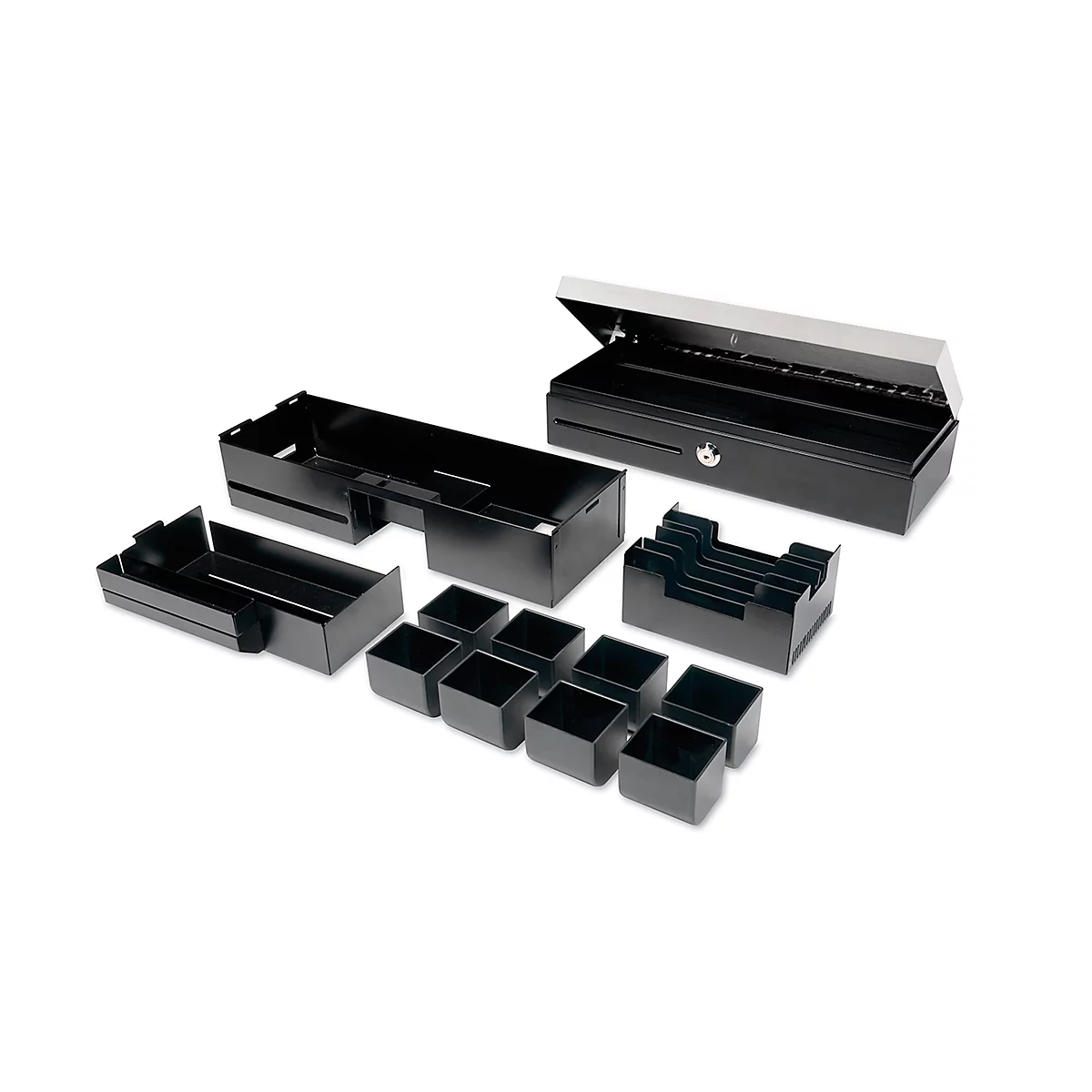 Black cash drawer with removable inserts: bill tray, coin holders, separate drawers. The drawer is open.