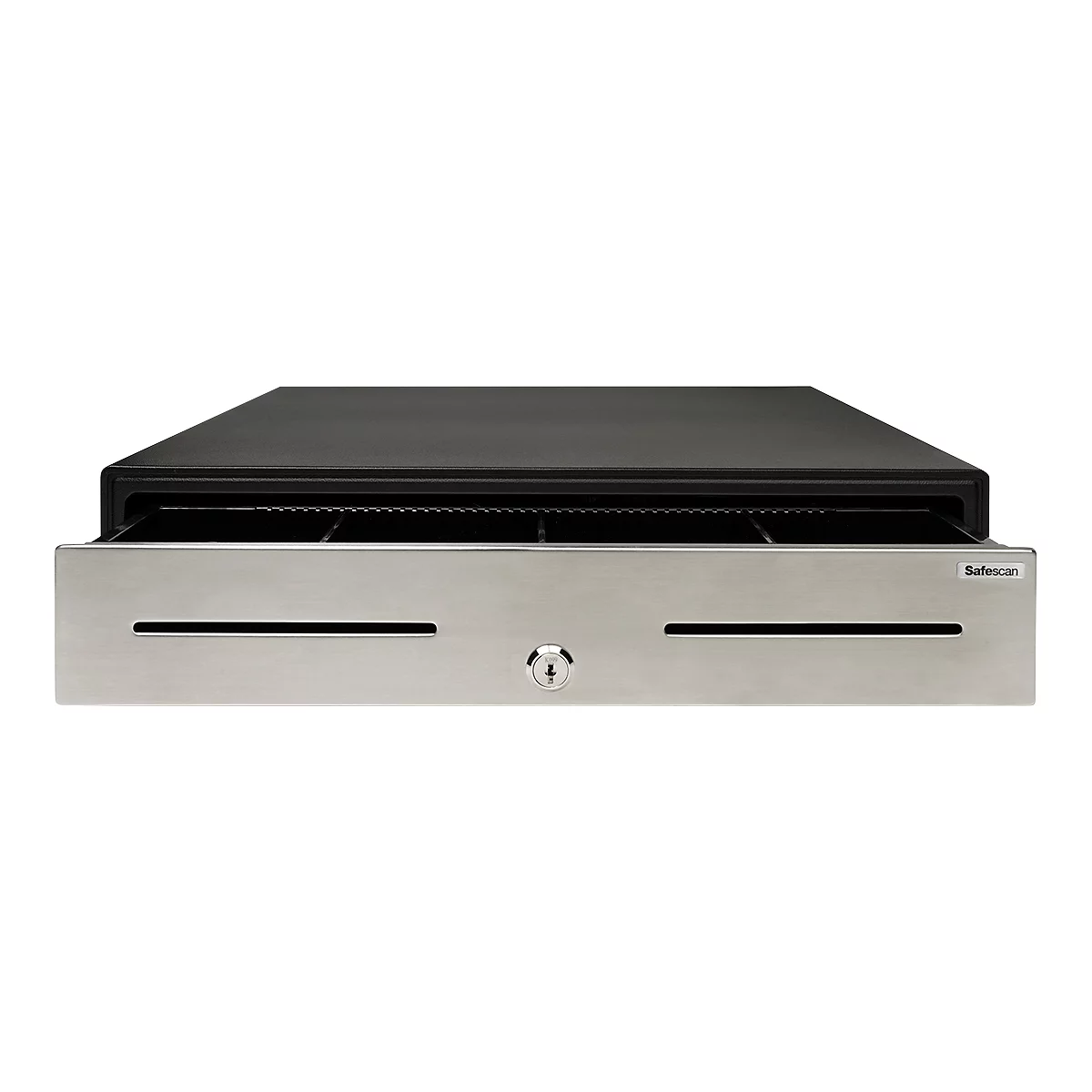 Cash drawer with black top and silver front, SafeScan logo. Two slots, lock.