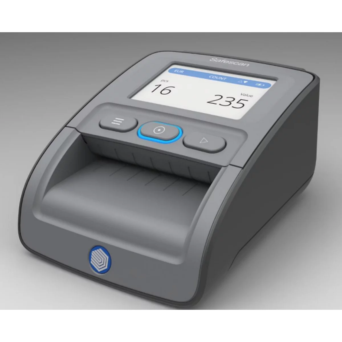 Grauer, elektronischer Zähler mit Anzeige: "16" und "235". Blaue und graue Knöpfe. Safescan-Logo.