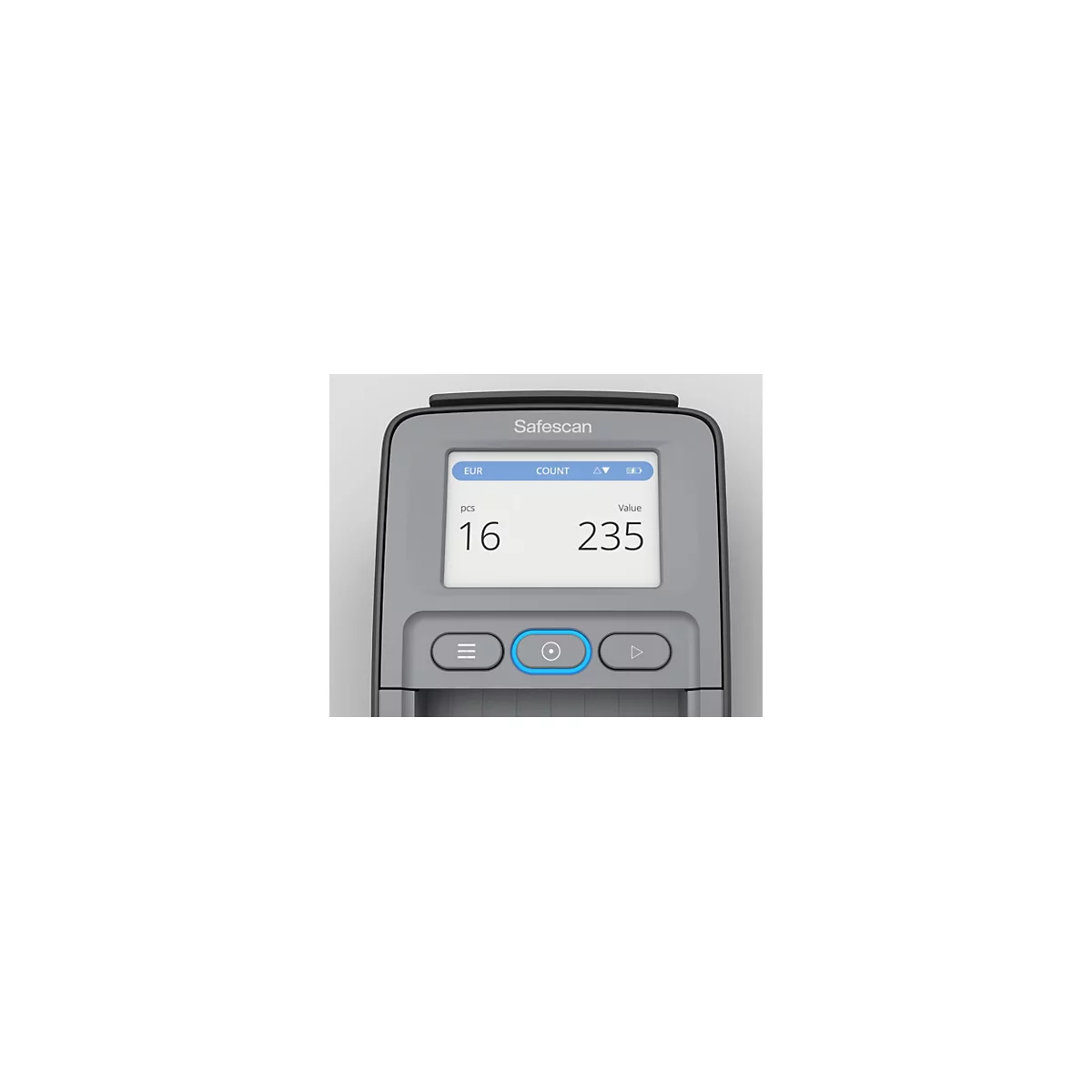 Grauer Safescan-Zähler, der 16 Stück im Wert von 235 Euro anzeigt. Blaue Hervorhebung am mittigen Knopf.