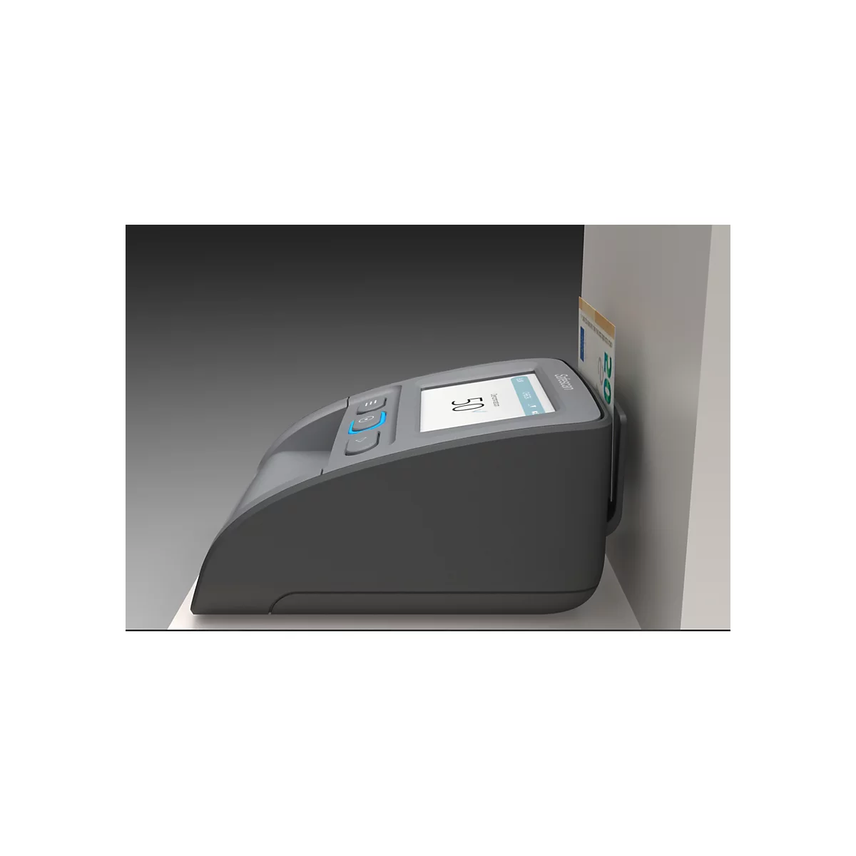 Grauer Kartenleser mit Display, eine Euro-Banknote wird eingeführt. Auf dem Display ist die Zahl 5 zu sehen.