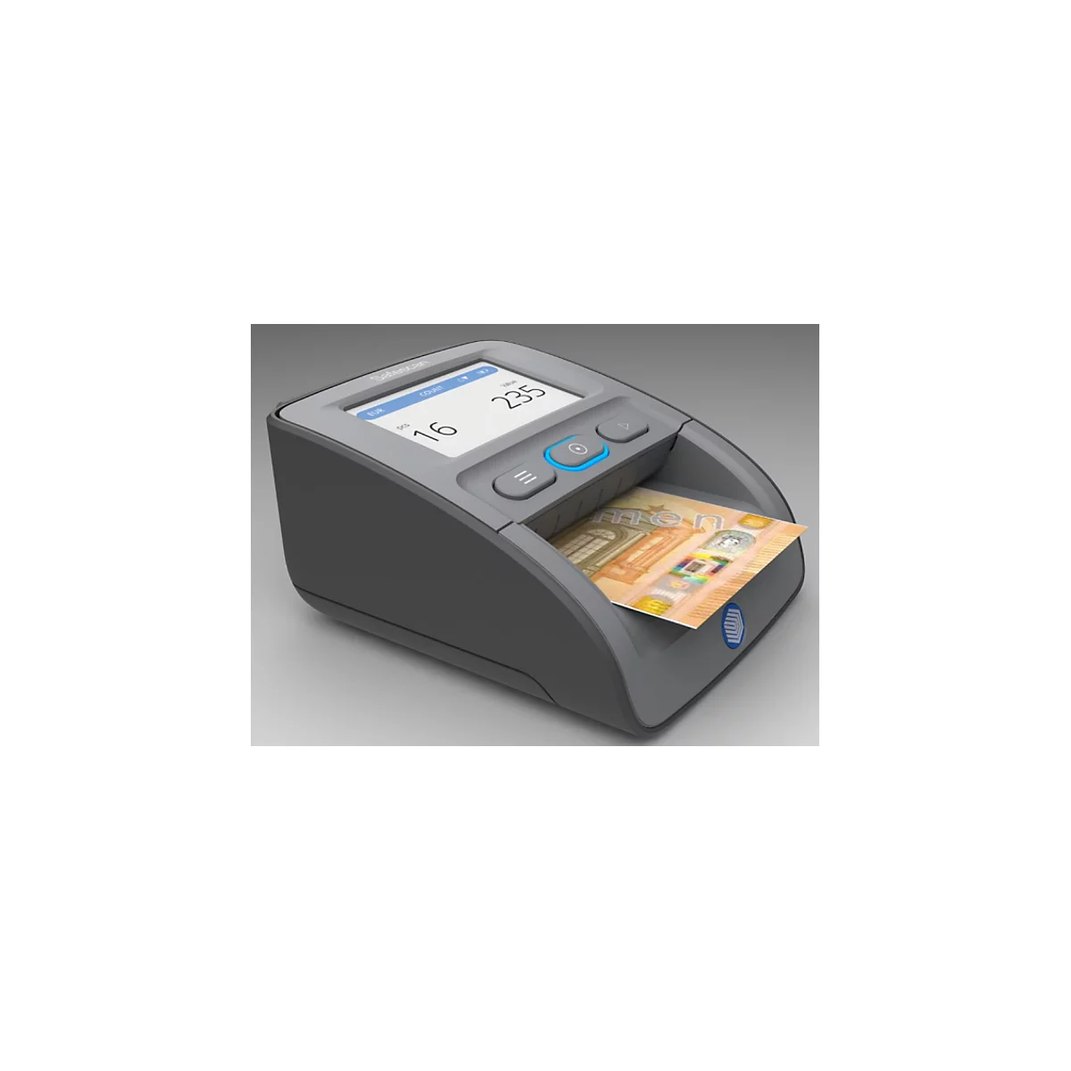 Grauer Banknotenzähler, ein Geldschein wird eingezogen. Auf dem Display stehen Zahlen. Rechts unten Logo.