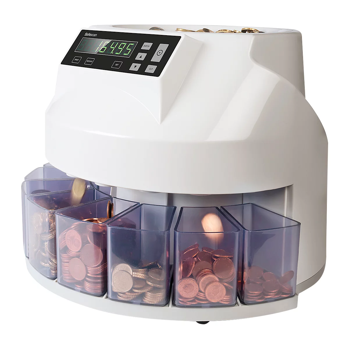 Münzzählmaschine mit digitaler Anzeige, zeigt 16,495. Darunter mehrere Fächer mit Münzen.