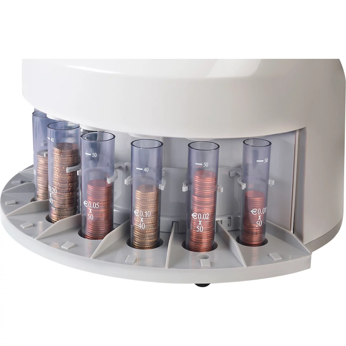 Münzzähler, weiß, mit gefüllten Röhren für verschiedene Münzwerte.