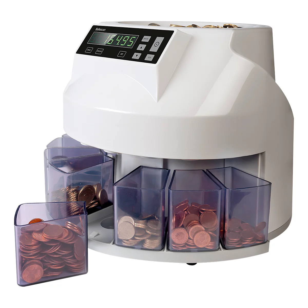 Münzzählmaschine, weiß mit Display, zeigt 16.495 an. Vier durchsichtige Behälter enthalten Münzen.