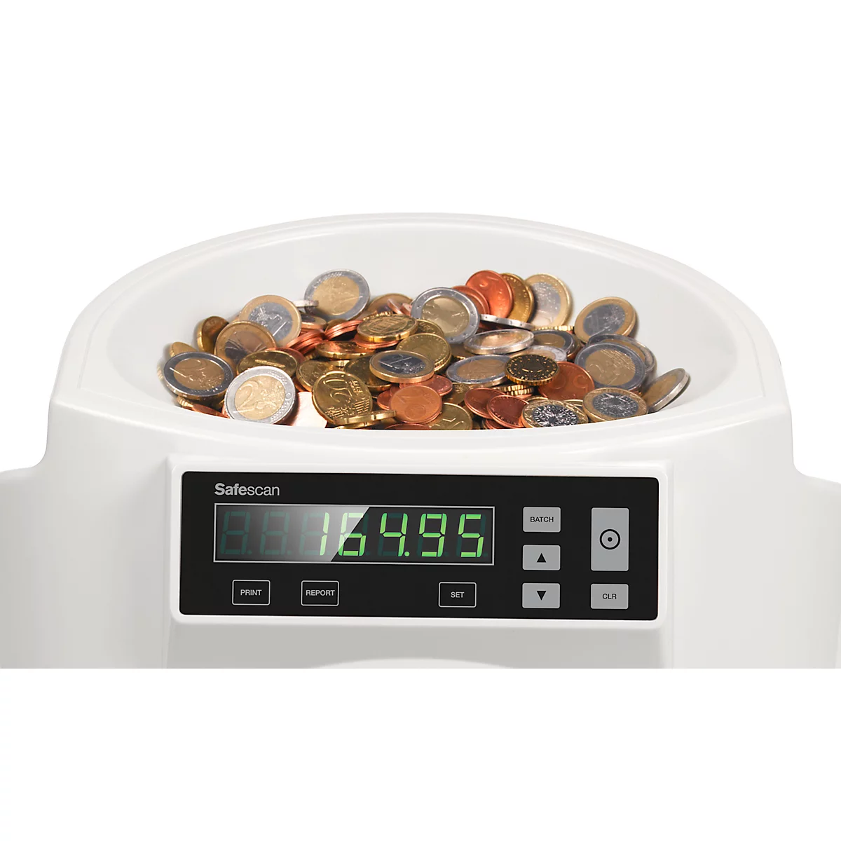 Münzzähler mit Münzen in der Schale, Digitalanzeige mit Wert 164,95 Euro.