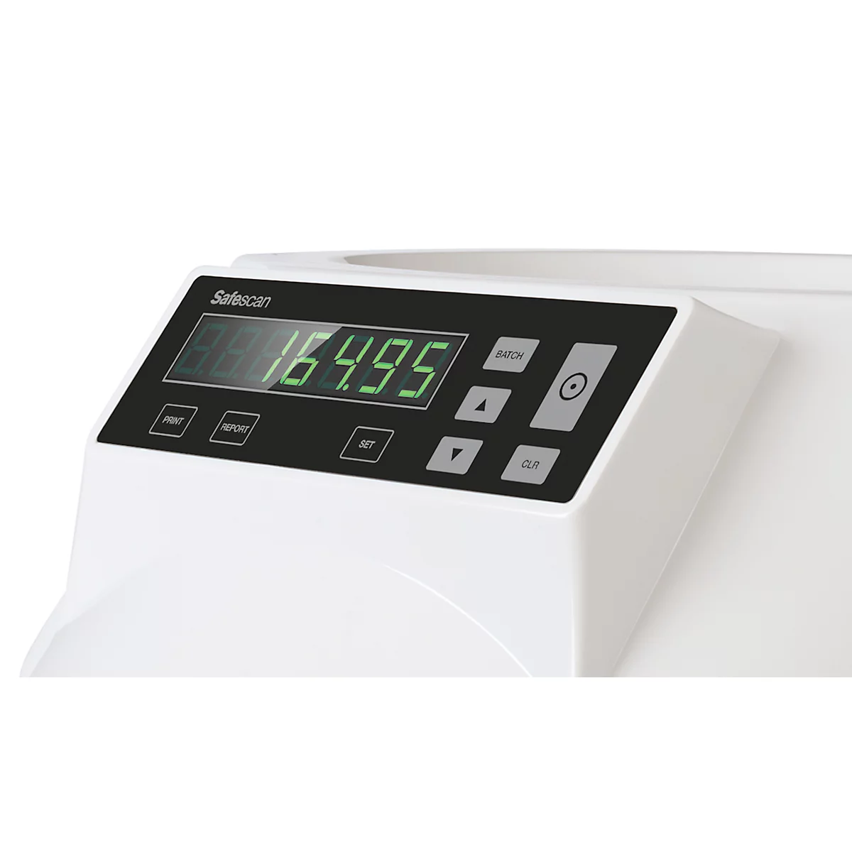 Detailansicht eines weißen Zählgeräts mit einem digitalen Bildschirm, der den Wert 164,95 anzeigt. Auf dem Bildschirm steht "Safescan".