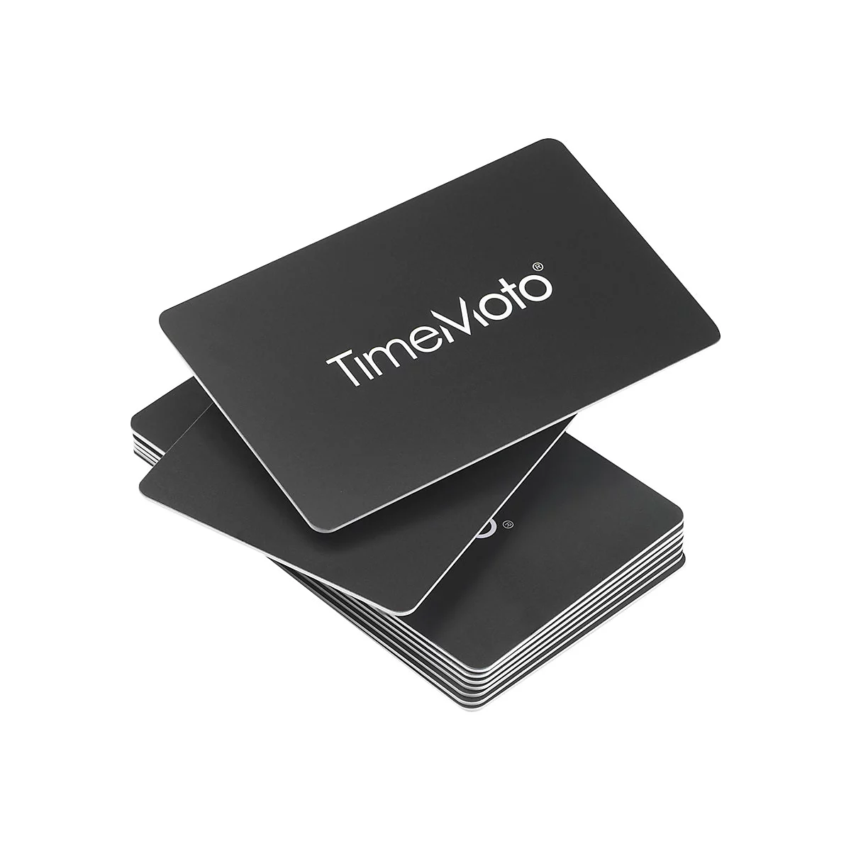 Stapel schwarzer RFID-Karten mit weißem TimeMoto-Logo auf weißem Hintergrund.