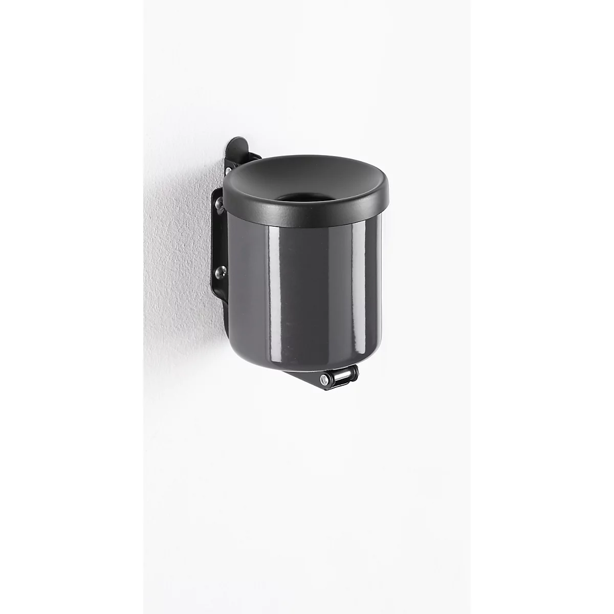 Grey wall-mounted ashtray. Cylindrical with lid and bracket, on white wall.
