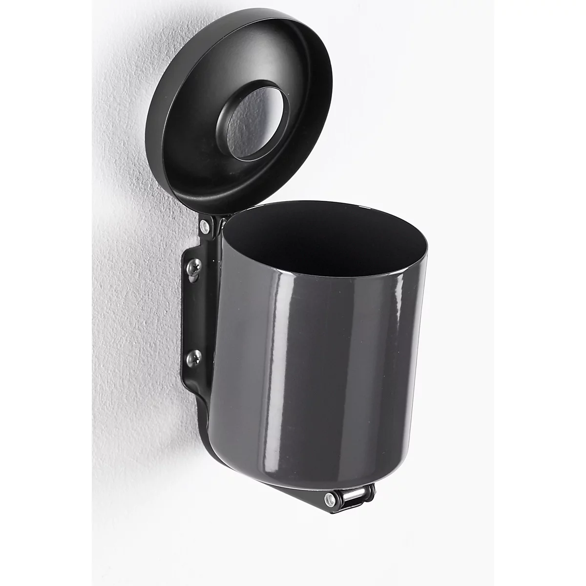 Grey wall-mounted ashtray with lid, fixed to a white wall.