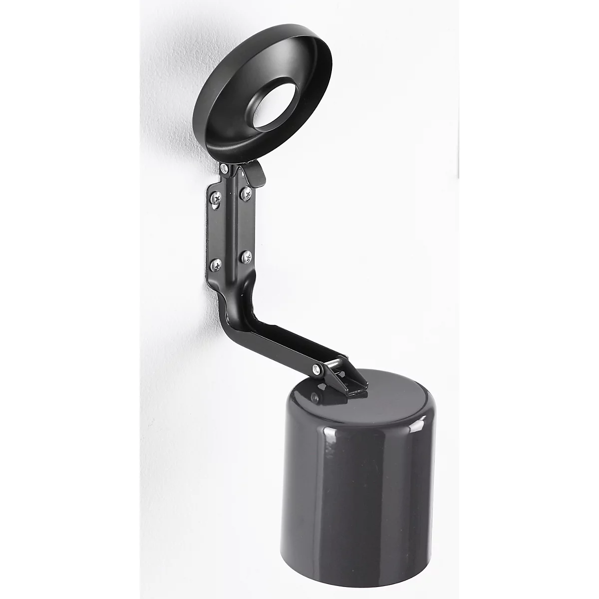 Gray wall ashtray with lid and bracket, mounted on white wall.