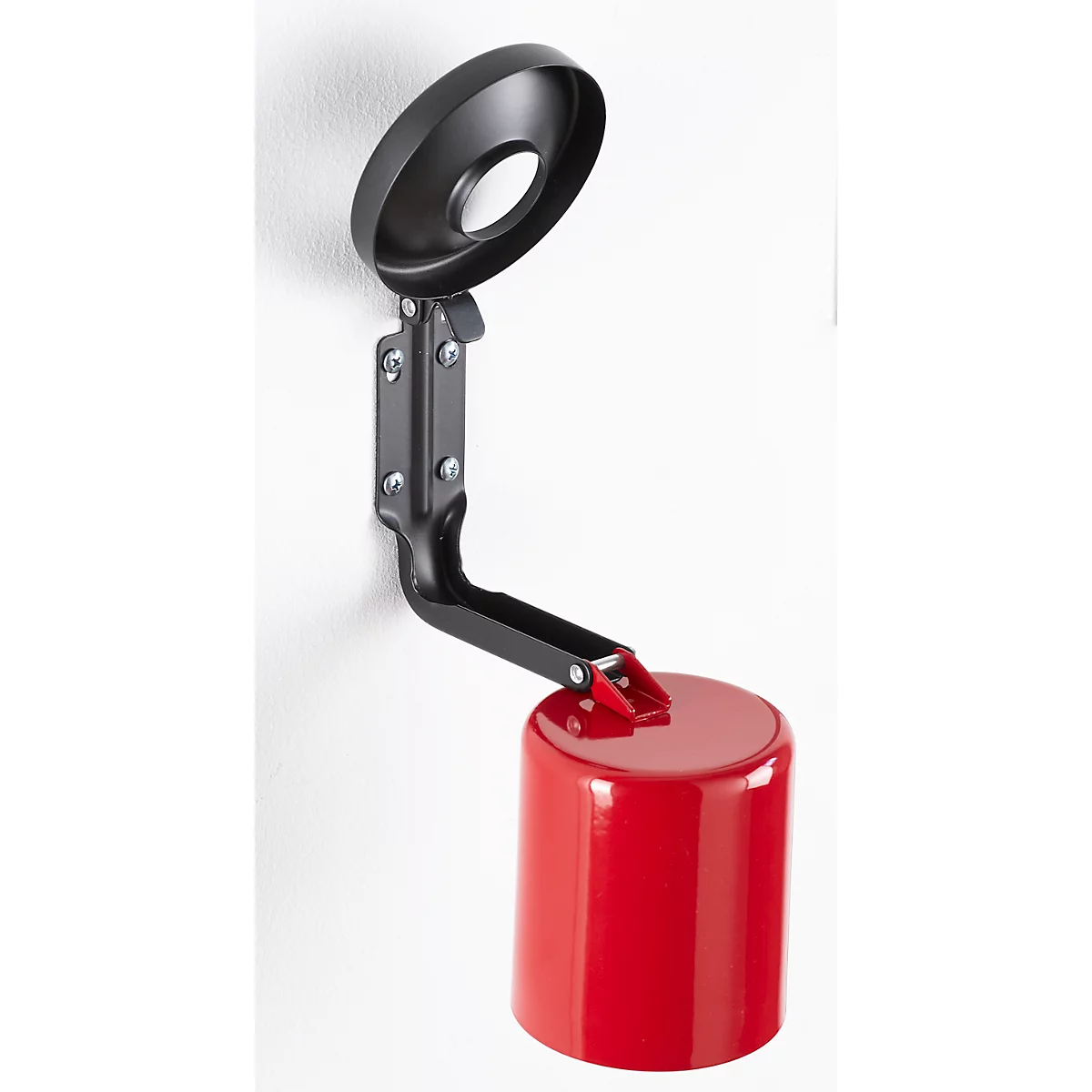 Red, cylindrical wall ashtray structure. Metal structure with lid and bracket on white wall.