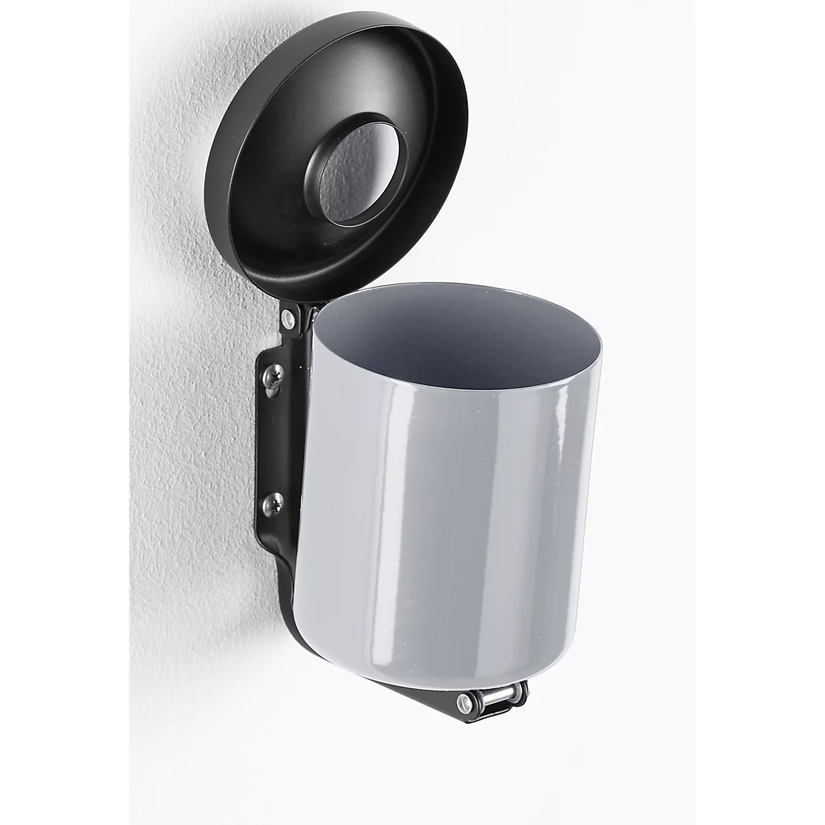 Grey waste bin attached to the wall. The lid is open.