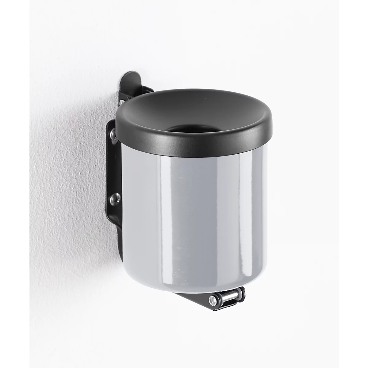 Gray, cylindrical wall ashtray with black lid, mounted on wall bracket.