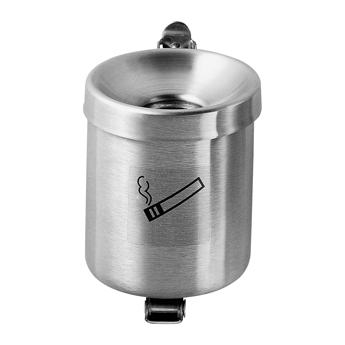 Round, silver ashtray with lid. It features a cigarette symbol.