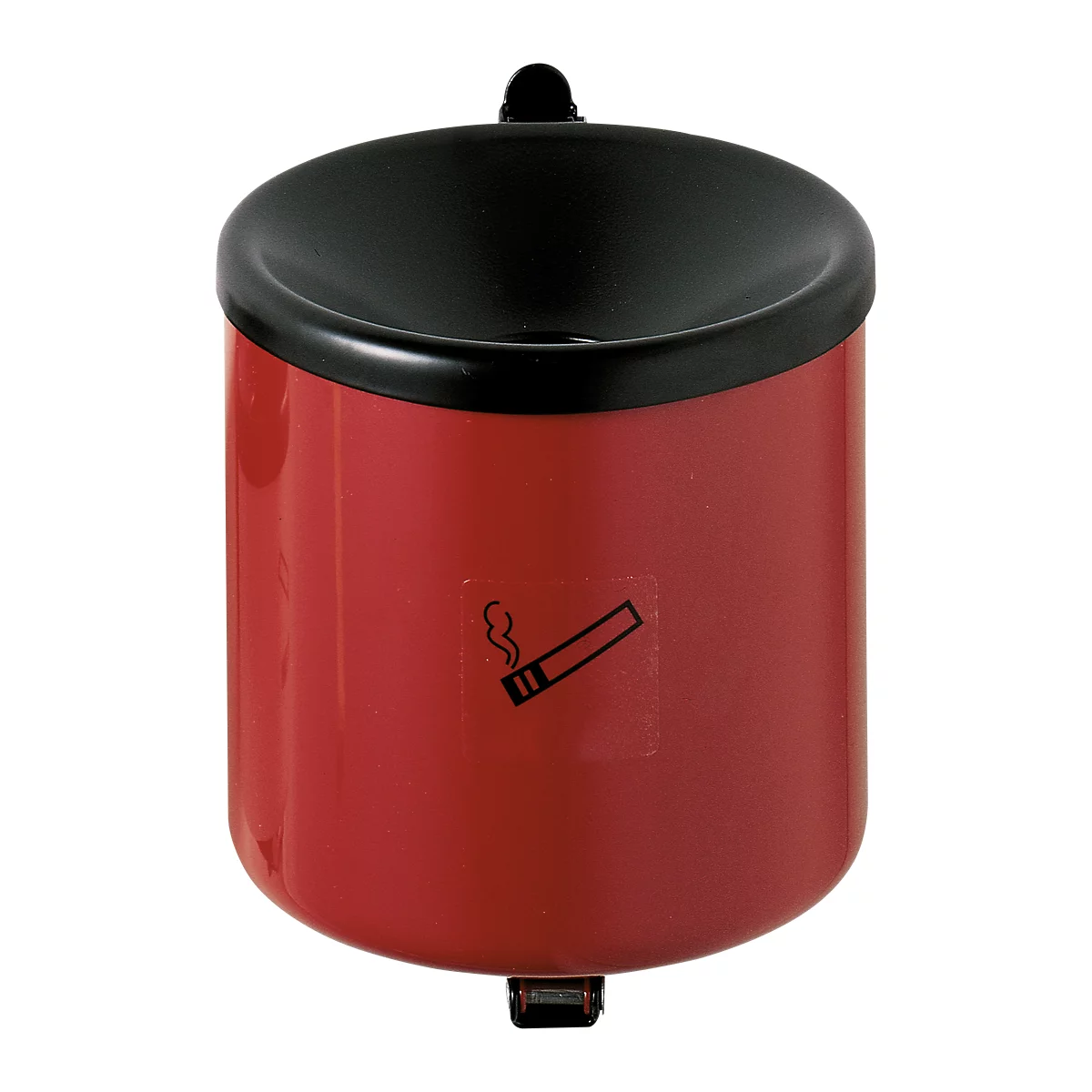 Red, round ashtray with black lid. Sticker with cigarette.