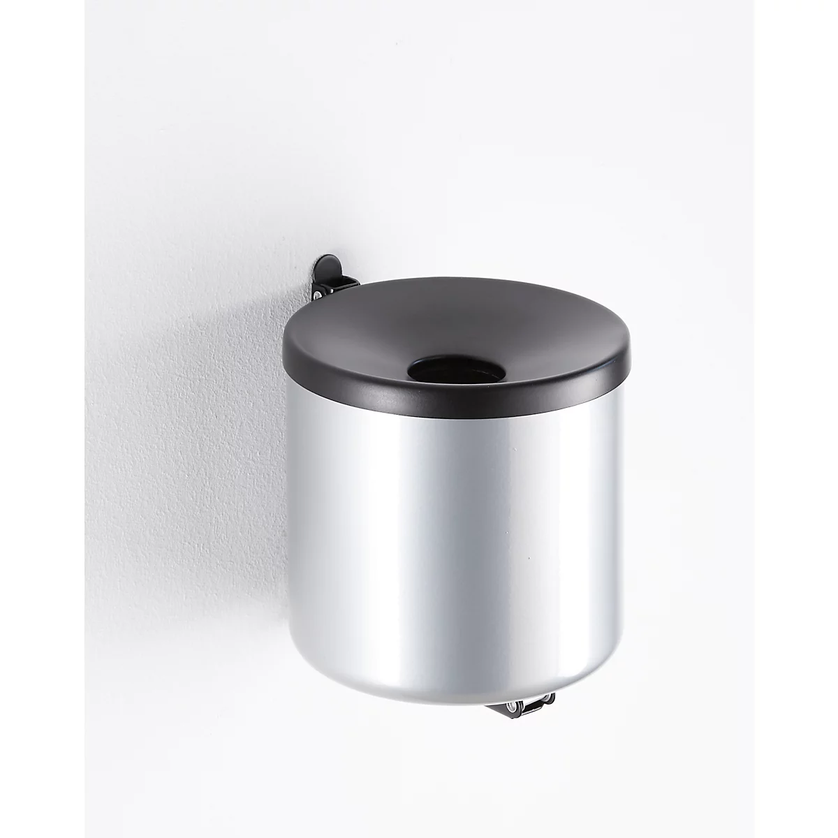 Silver cylindrical wall ashtray with black lid and wall mount.