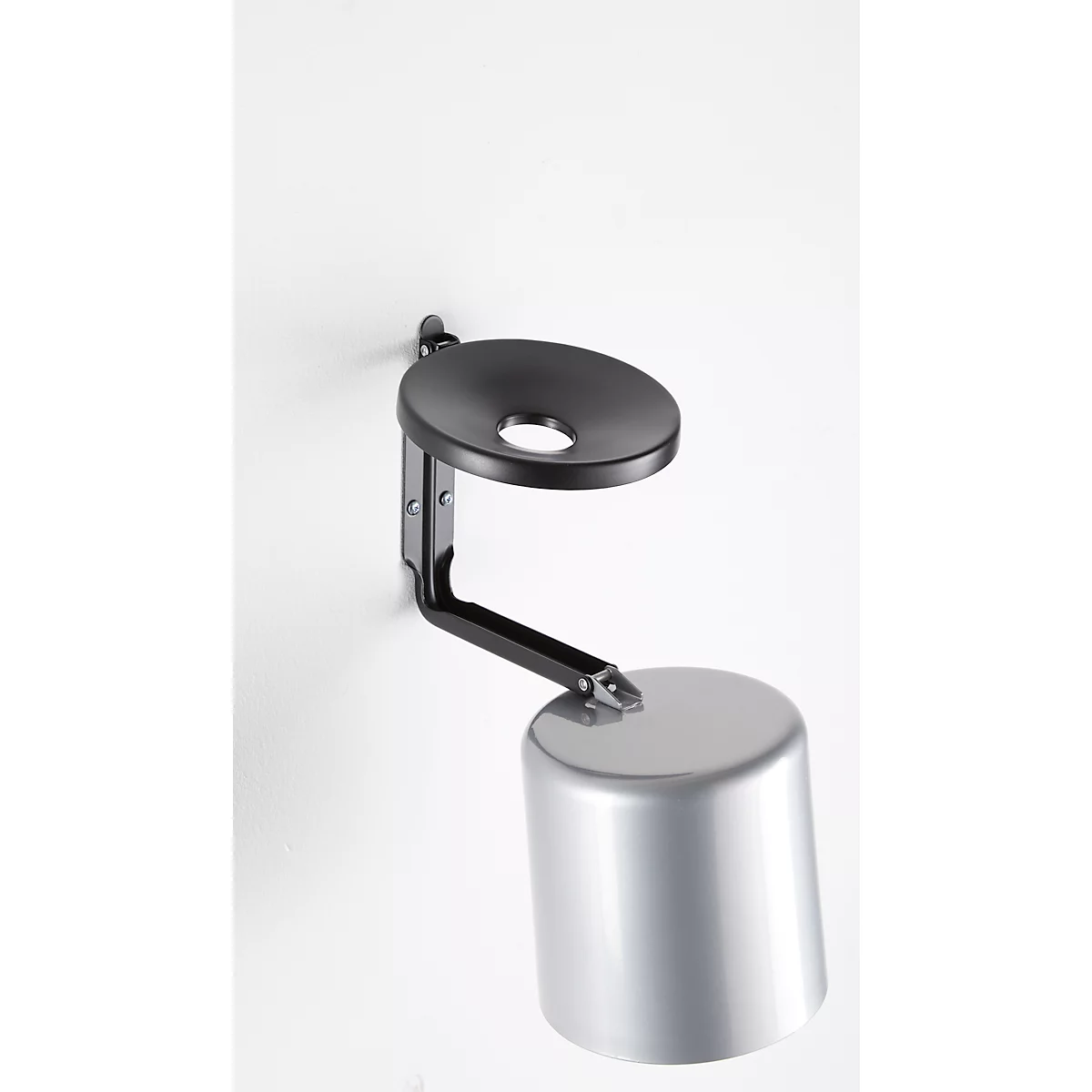 Wall-mounted trash can, black and silver, against a white background.