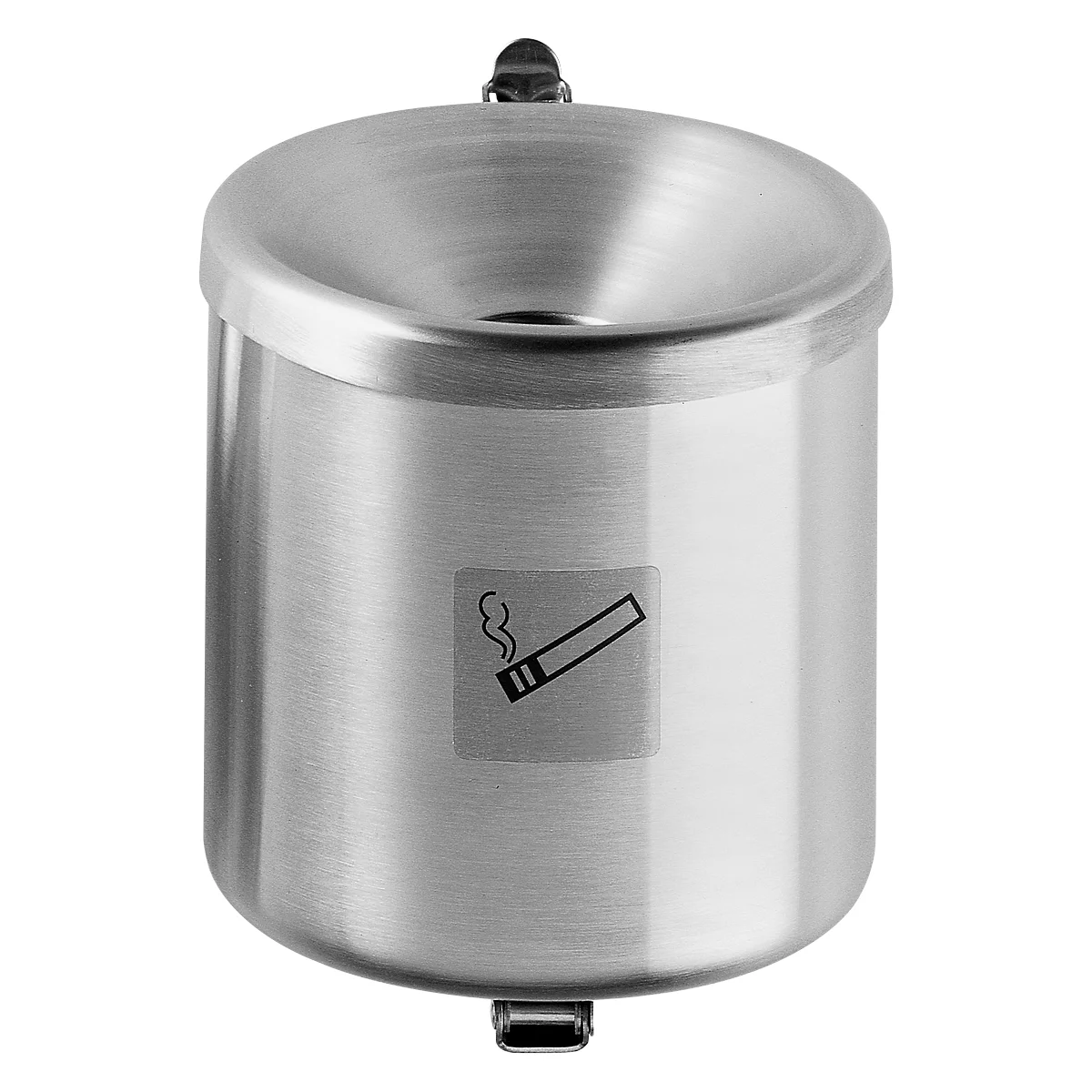 Silver ashtray with tilting device and cigarette symbol.