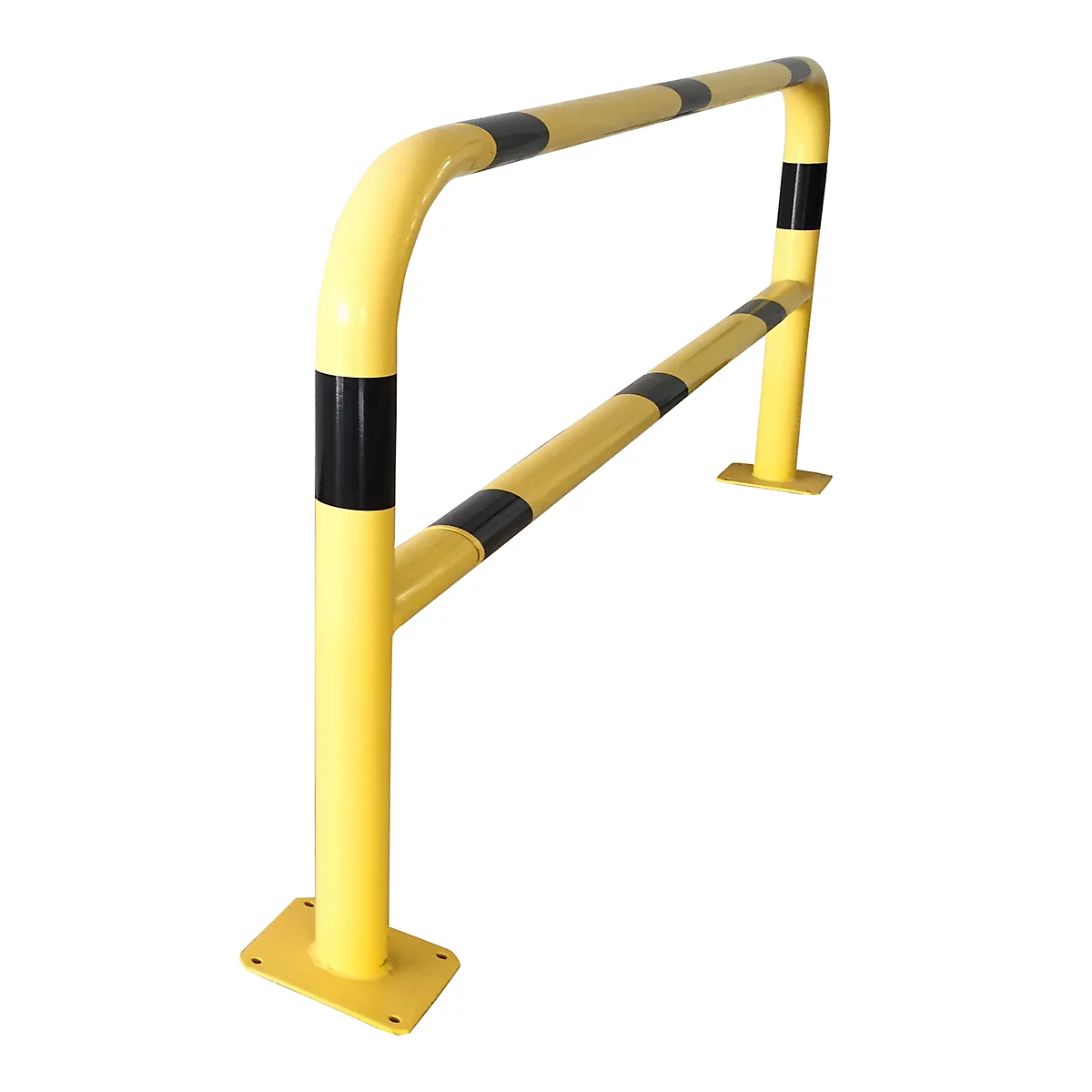Yellow safety barrier with black stripes. Stands on square plates.
