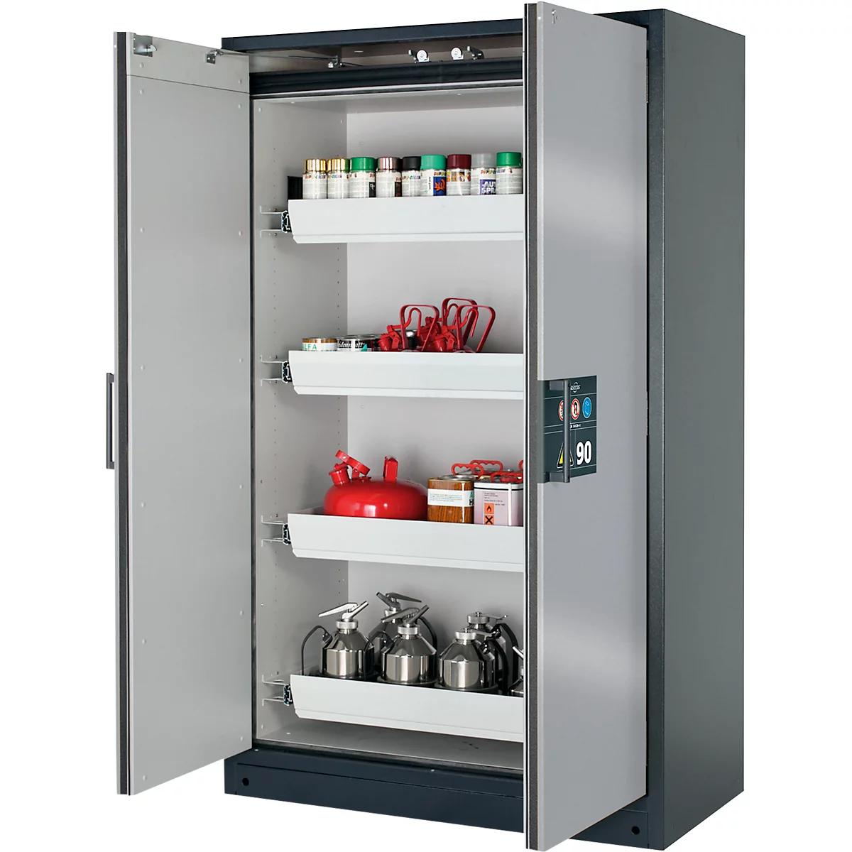 A steel cabinet with open doors, filled with chemicals and equipment. Shelves with bottles, red painted container and fire extinguishers.