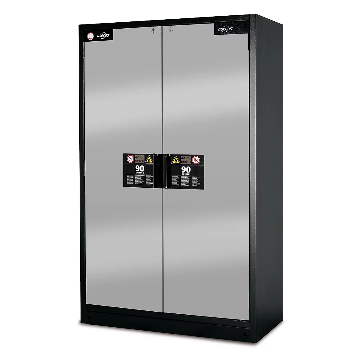 Cabinet with two doors and stickers. The cabinet is silver, the trim is black. There are stickers with the number 90 on the doors.