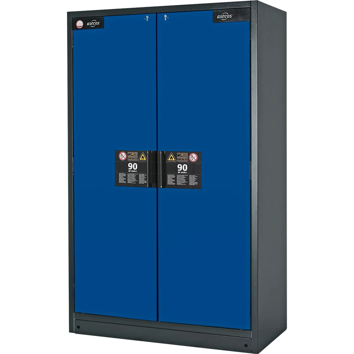 Blue steel cabinet with two doors, black handles and warning signs. Inscription: 90.