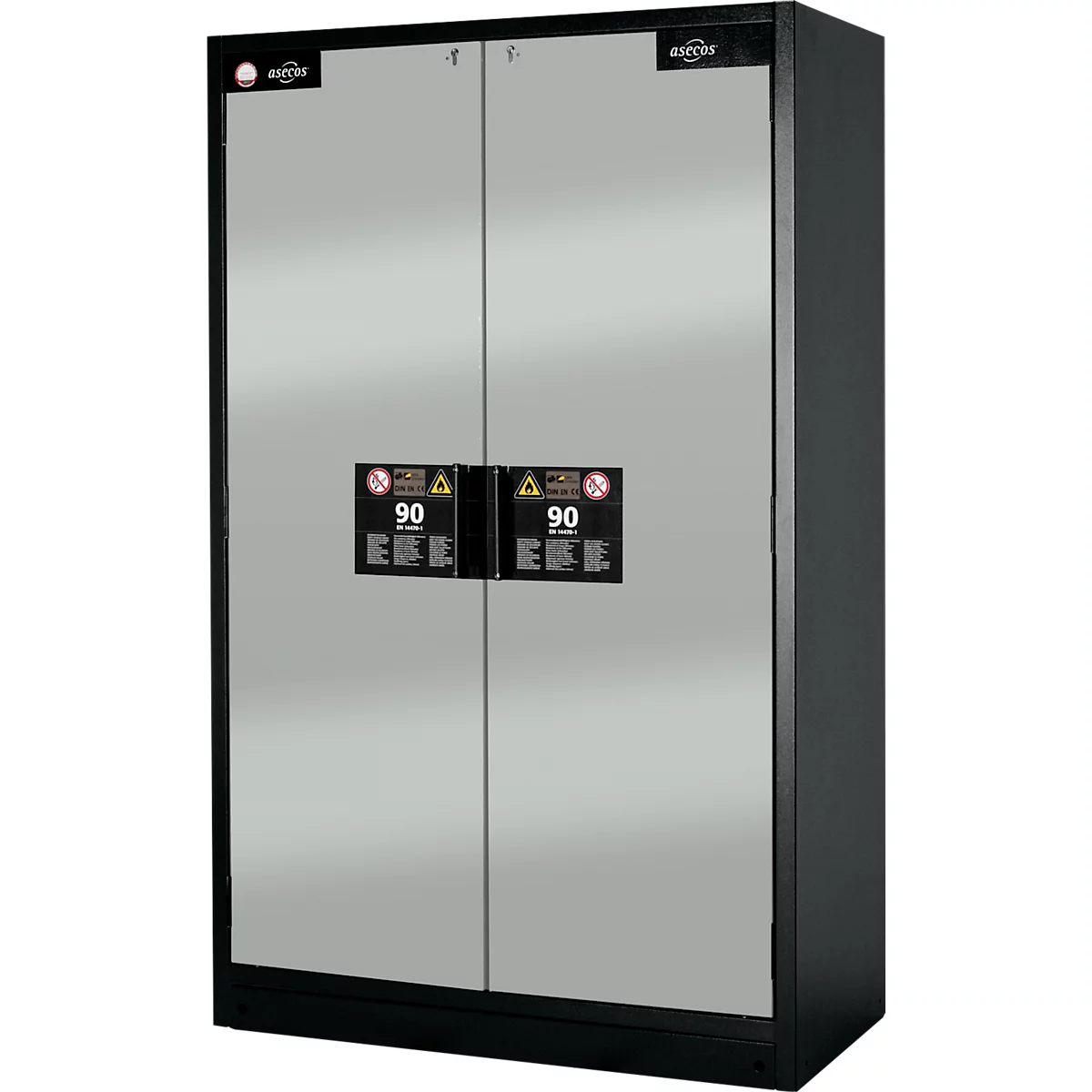 Double-door cabinet, 90 minutes fire protection. Black frame, silver doors. Stickers with warning symbols.