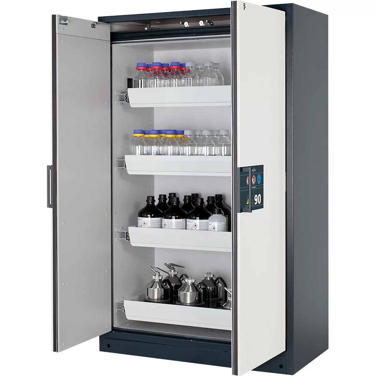 Opened laboratory cabinet with chemical bottles and canisters.