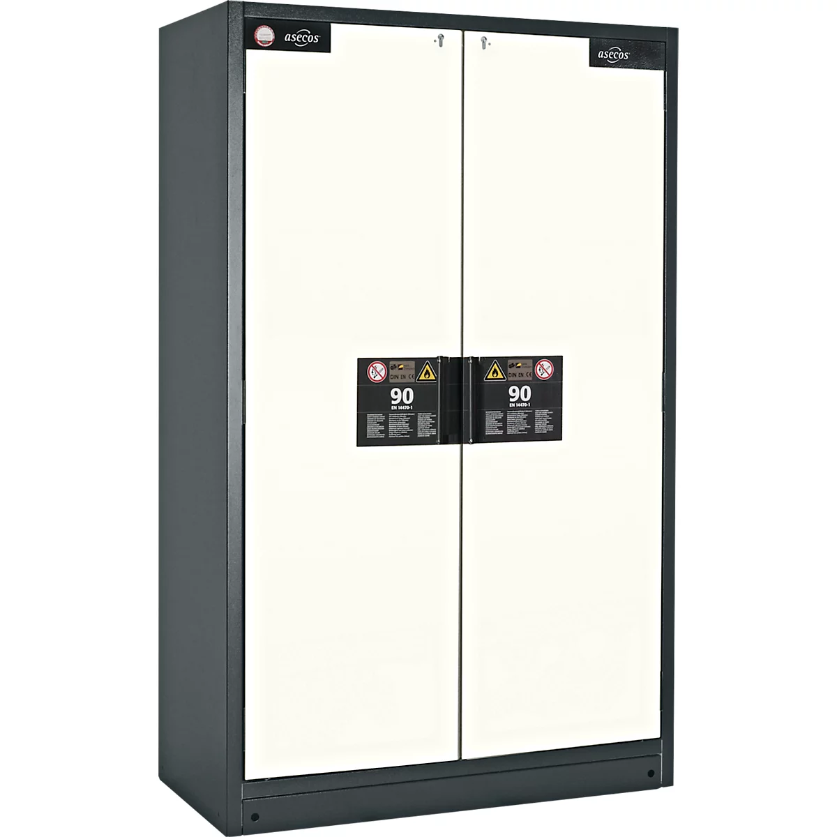 A grey steel cabinet with white doors, two handles and stickers that read 90.