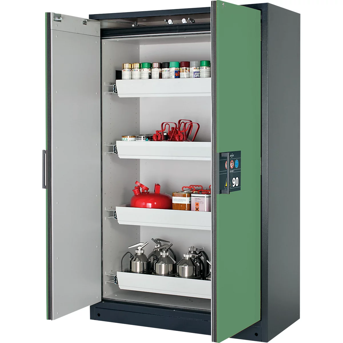 Open security cabinet with open doors, containing chemicals and containers. Green door on the right, grey on the left.