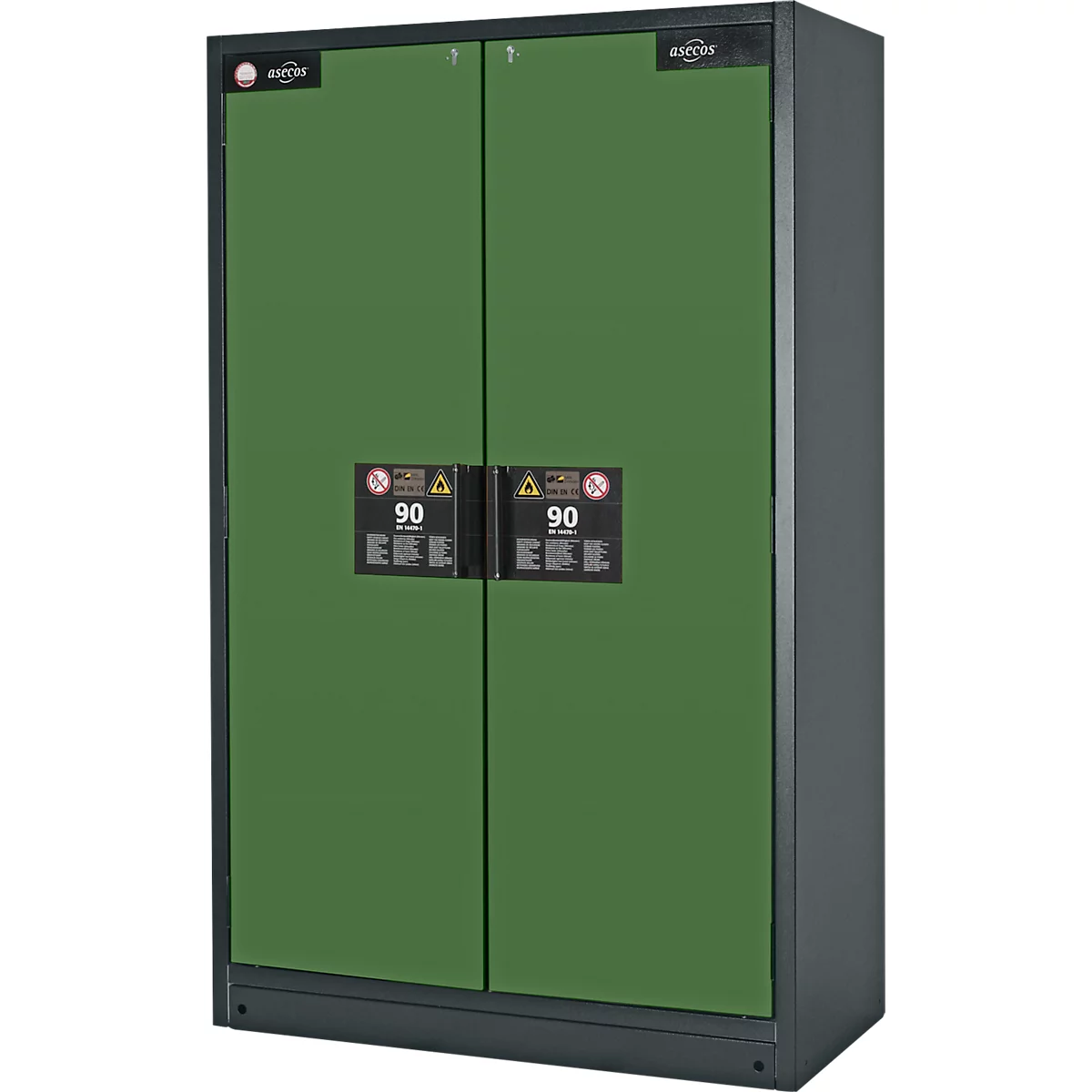 Green, lockable cabinet with warning signs. Double doors, metal frame. On the doors: warning symbols, "90".