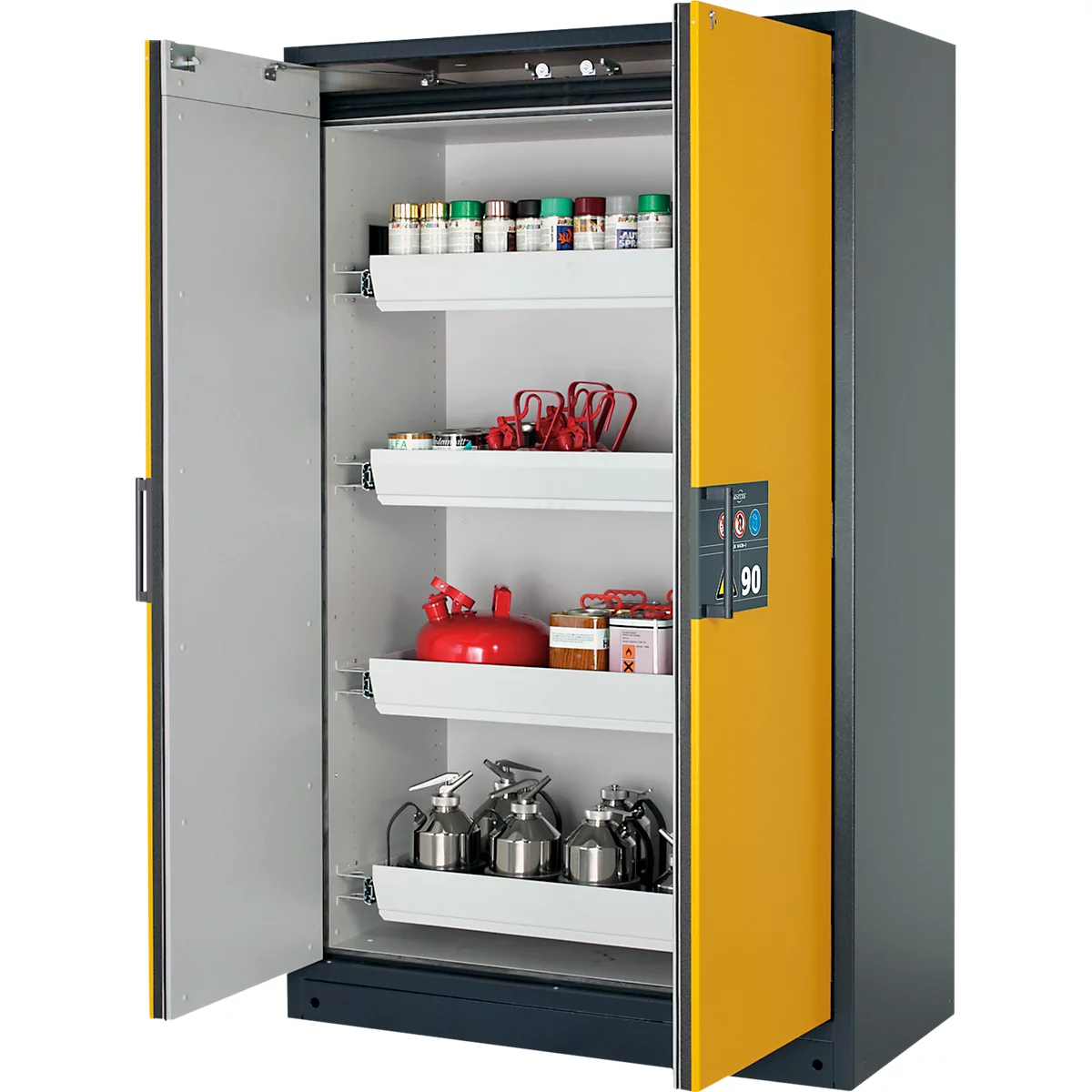 Open yellow and gray cabinet with multiple shelves filled with various items including bottles, a red gas cylinder, and other containers.