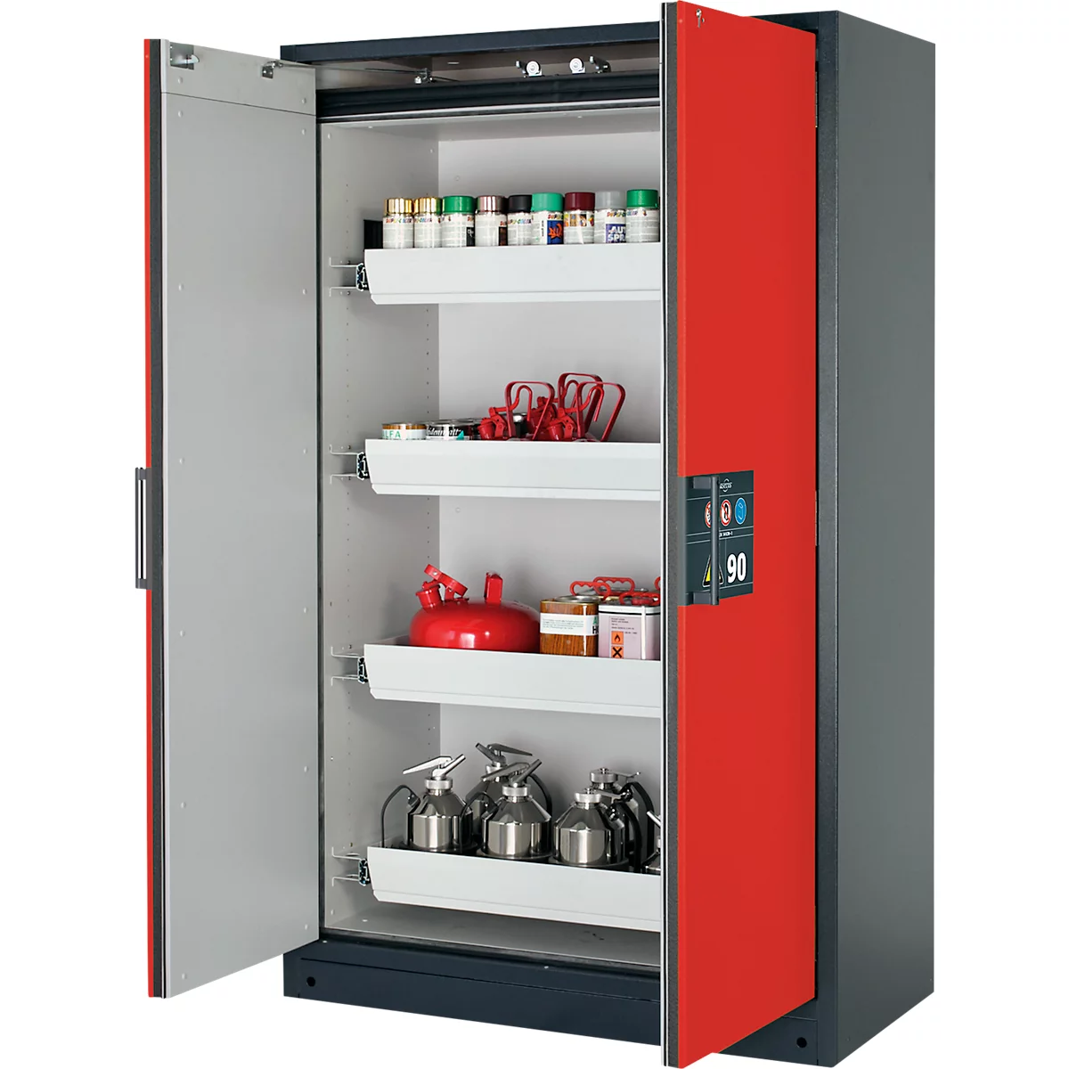 Open cabinet with red doors. Shelves with bottles, containers, and canisters. Gray on the left, red on the right, label 90.