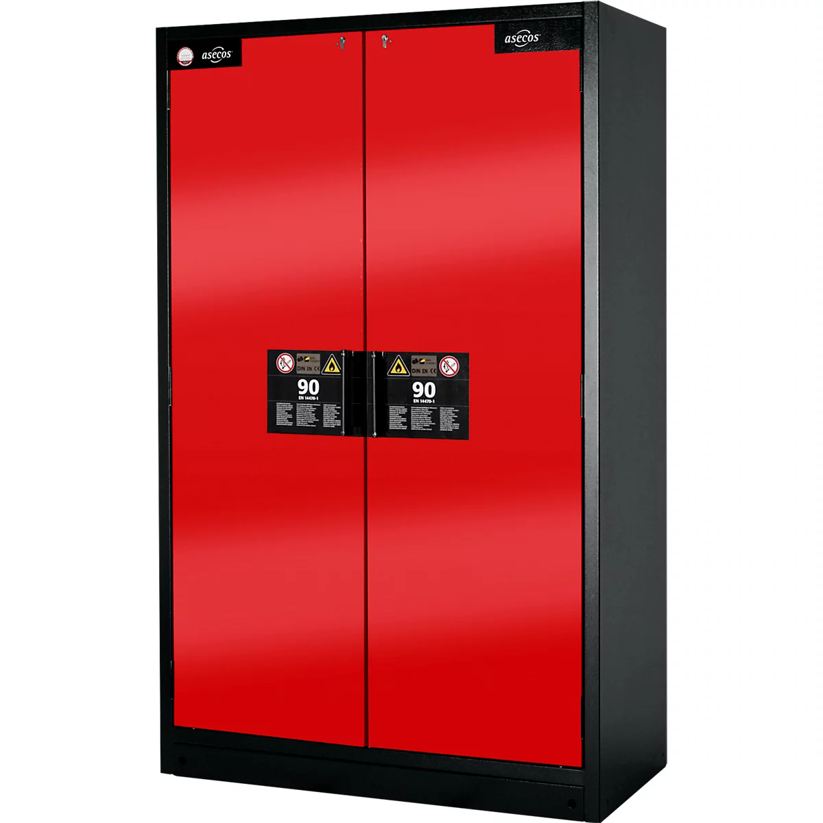 Red fire protection cabinet with black frames and doors, 90 minutes fire protection.