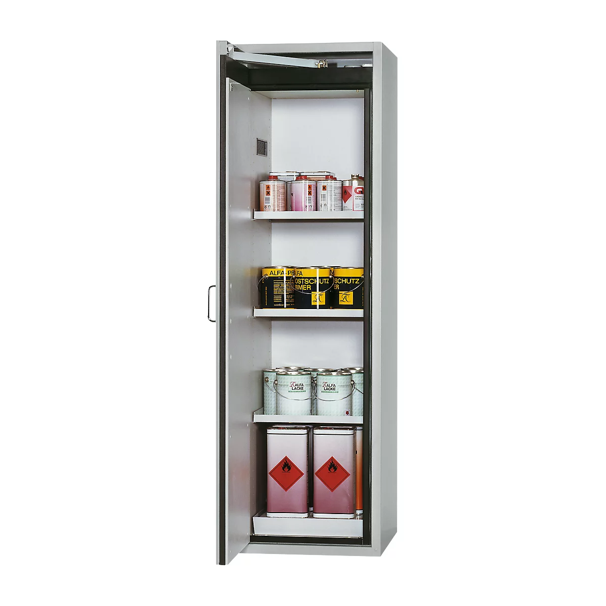 Open grey safety cabinet with several shelves filled with paint buckets, cans and canisters. The door is open.