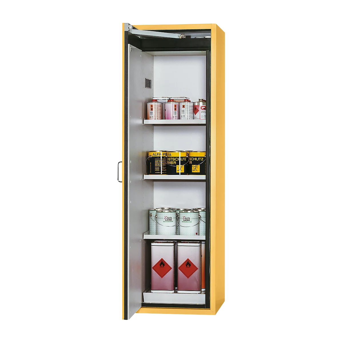 Yellow safety cabinet, door open, filled with paint cans and hazardous material containers.