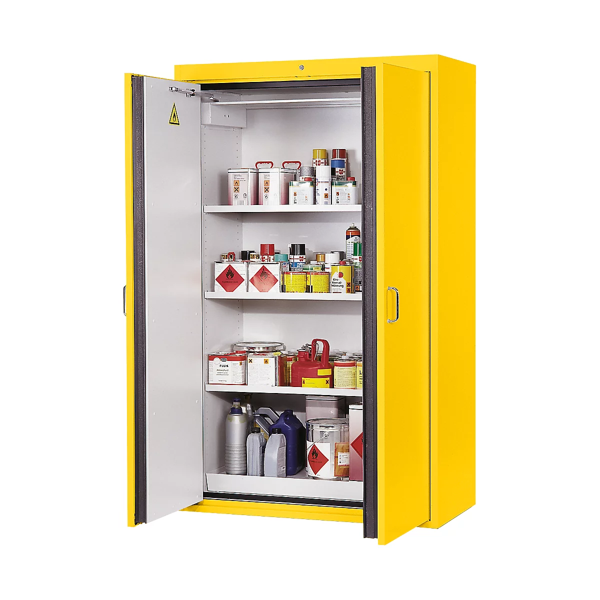 Yellow cabinet, open, filled with chemicals and hazard symbols.