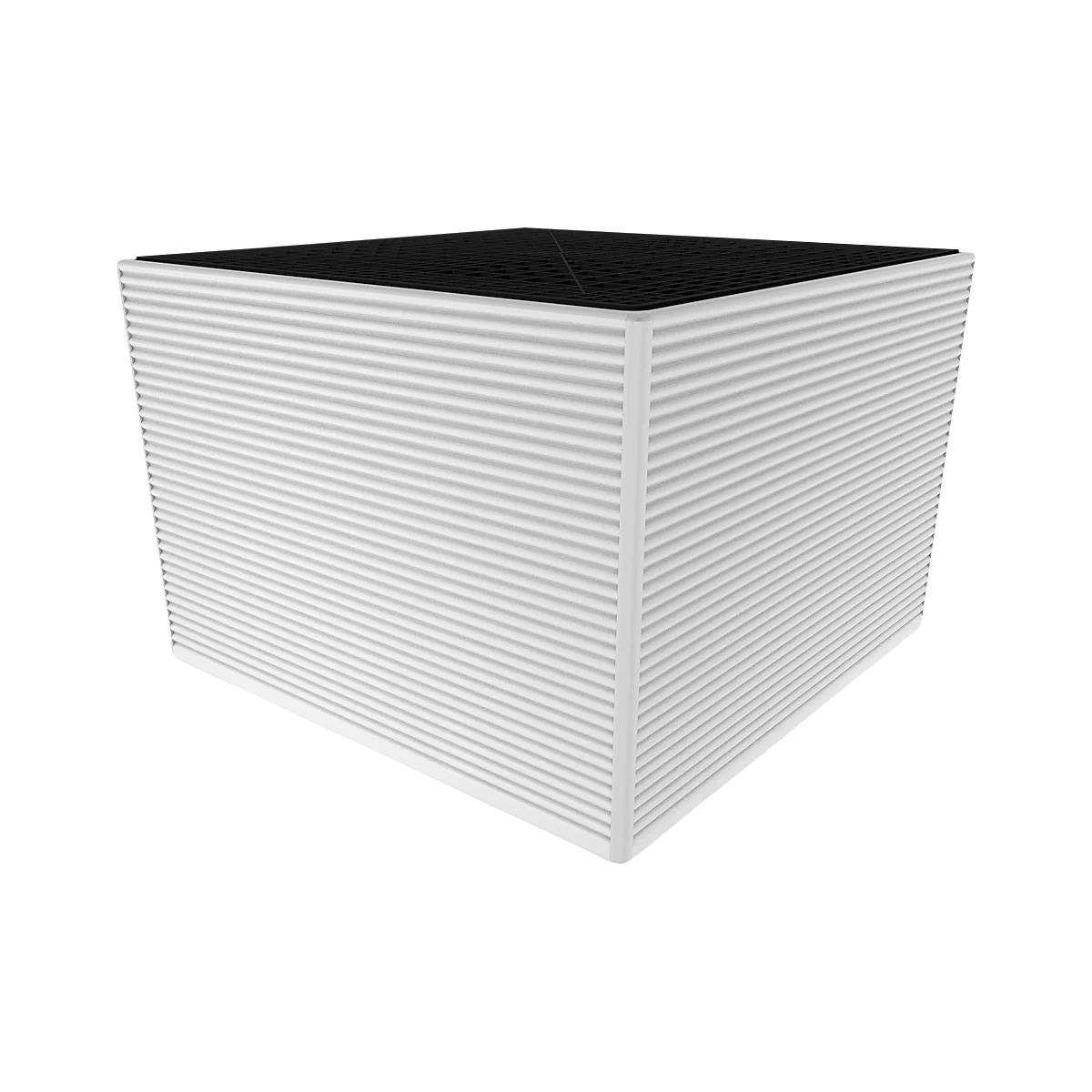 Cuboid, corrugated white filter with black, perforated top.